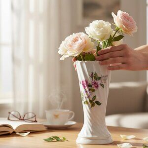 VTG Japan Spiral Twisted Vase Multicolored Florals and Butterflies CottageCore